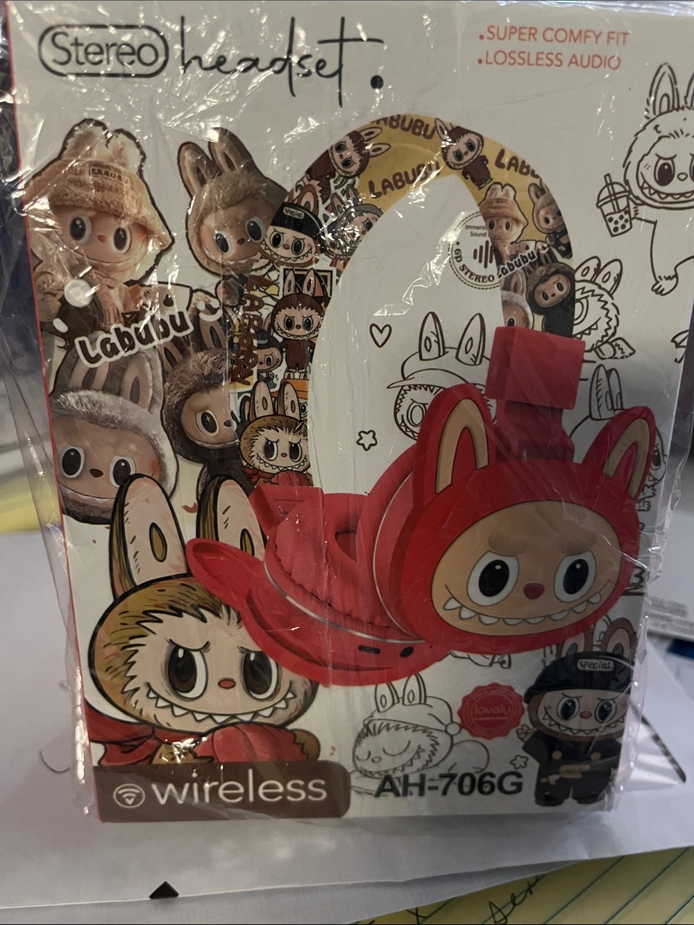 Red Labubu Cartoon Bunny Wireless Headphones. New in package.